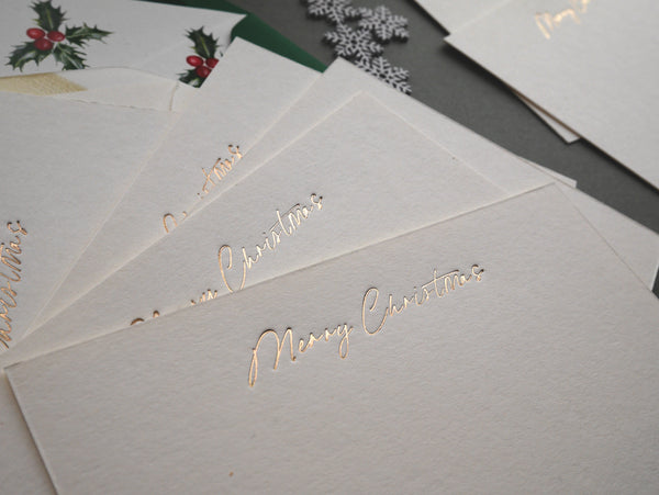 8 Merry Christmas luxury correspondence cards with holly envelope liner